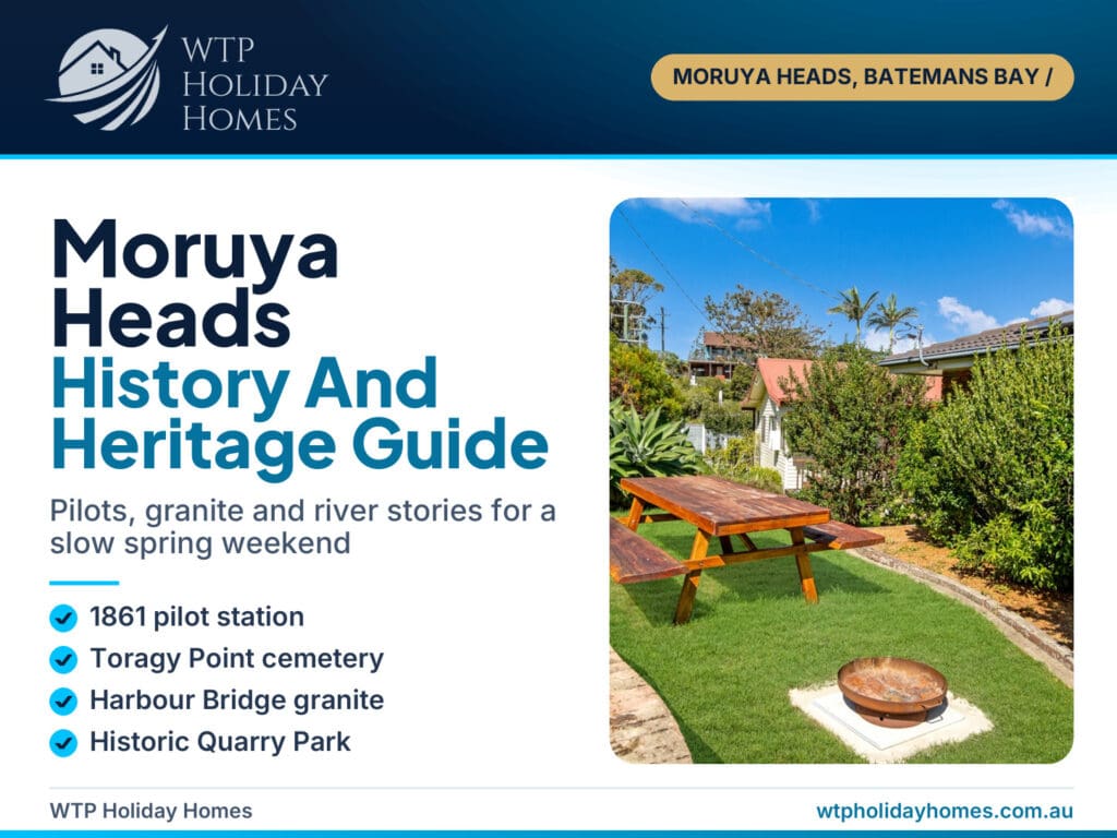 Moruya Heads history guide cover with the garden firepit at Bertie's 3 Beaches on the NSW South Coast