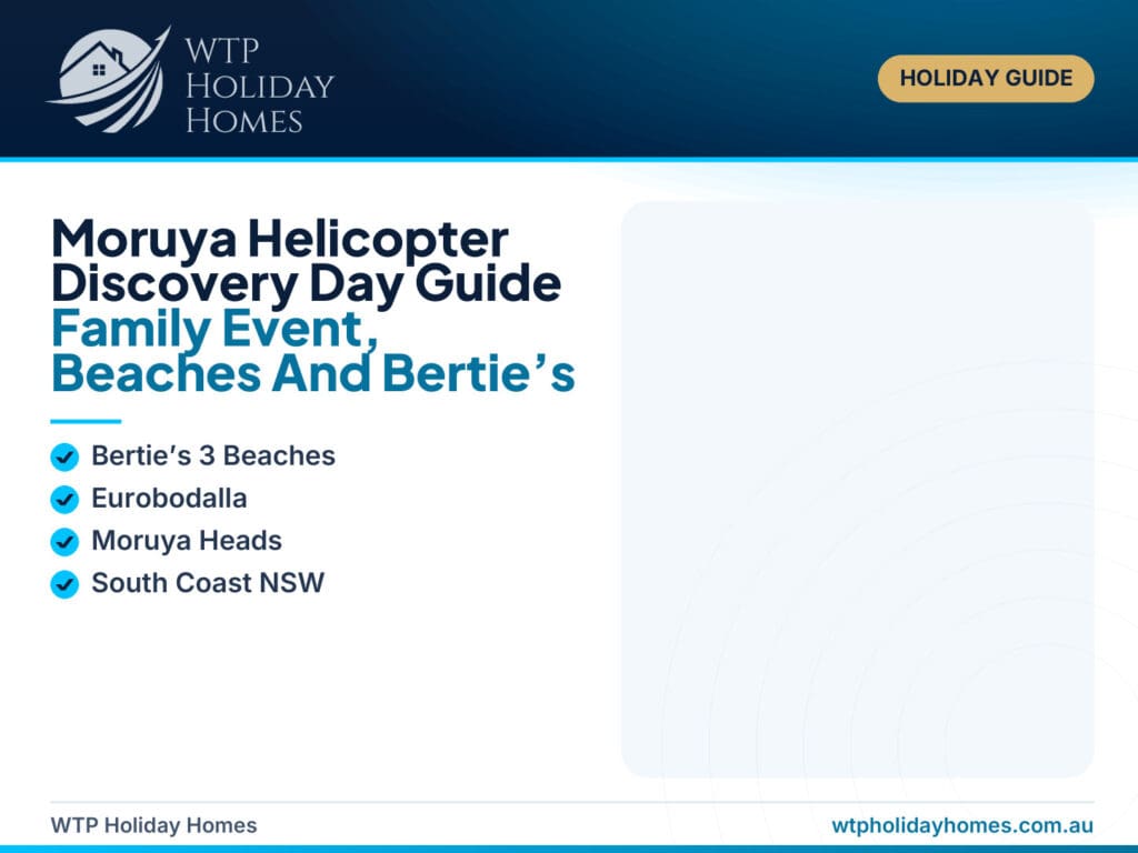 Featured image for a Moruya Helicopter Discovery Day family event guide, showing rescue helicopter, Moruya coastal scenery, beach walks and a relaxed family stay near Bertie’s.
