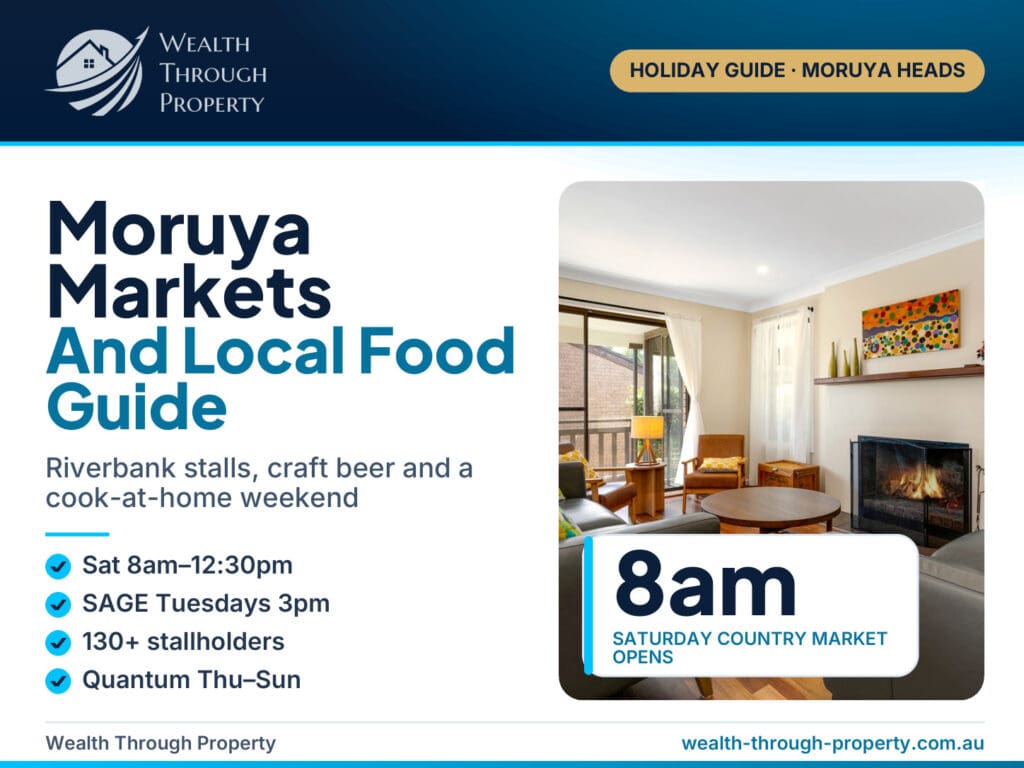 Moruya Markets and Food Guide cover with a Bertie's 3 Beaches kitchen photo, market times and Moruya Heads highlights
