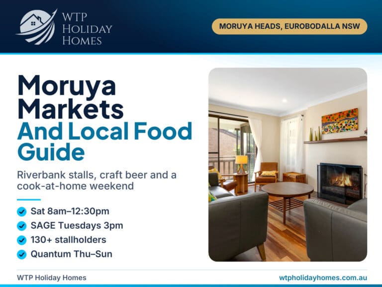 Moruya Markets and Food Guide cover with a Bertie's 3 Beaches kitchen photo, market times and Moruya Heads highlights
