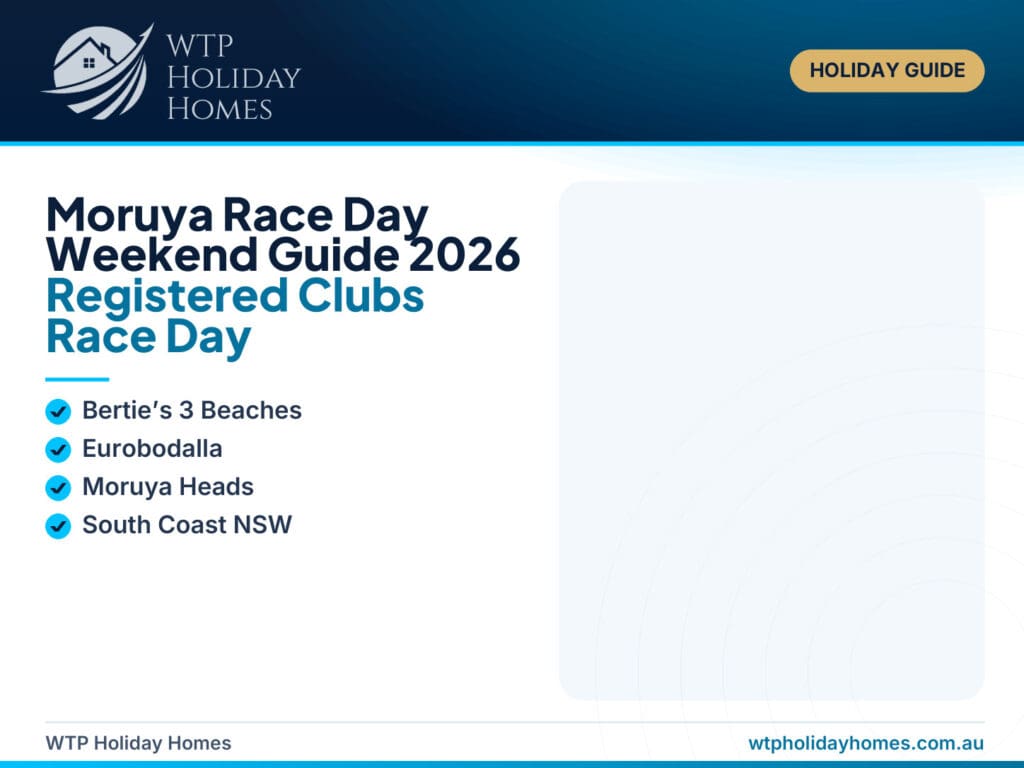 Moruya Race Day 2026 weekend guide showing country horse racing, family entertainment, Shelly Beach and a Moruya Heads coastal stay.