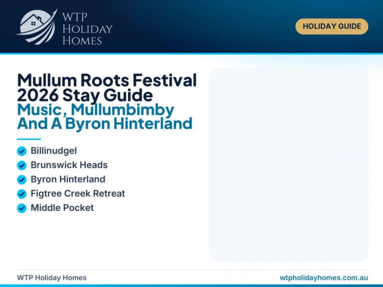 Featured image for a Mullum Roots Festival 2026 Byron Hinterland stay guide, showing a peaceful green retreat with music weekend and Northern Rivers travel cues.
