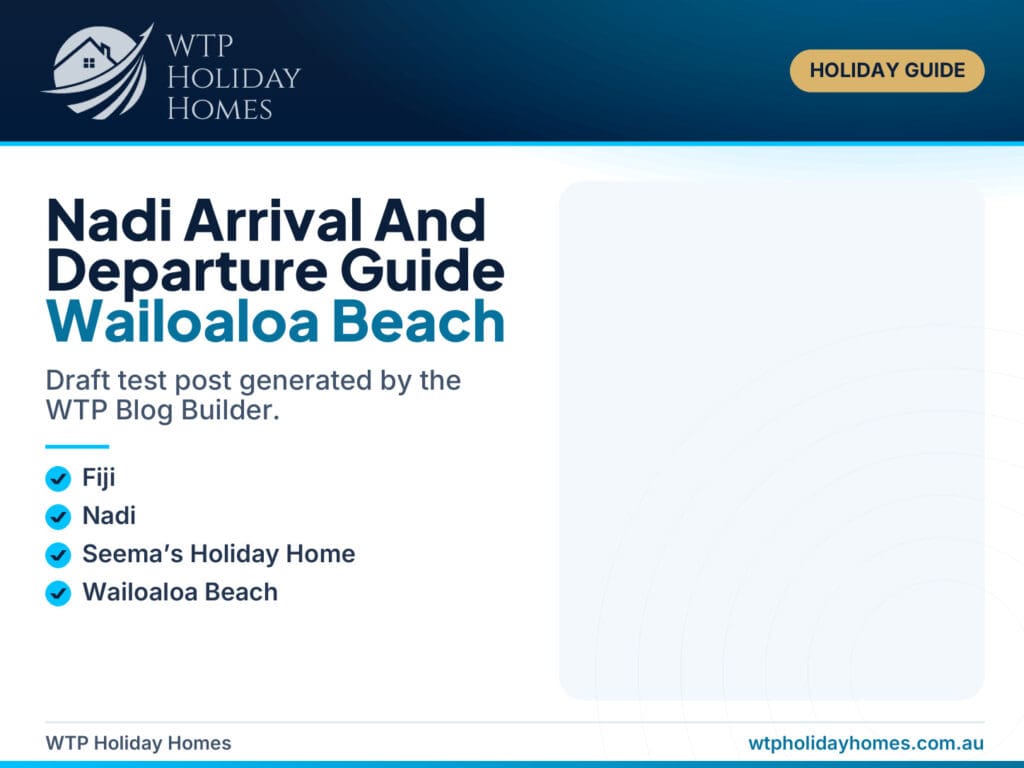 Featured image for a Nadi arrival and departure guide showing Wailoaloa Beach, pool time, airport transfer cues, local food and an easy Fiji apartment base.