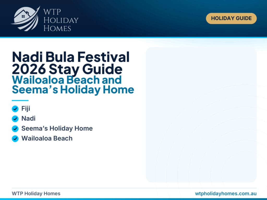 Featured image for a Nadi Bula Festival stay guide showing Wailoaloa Beach, Fiji festival cues, Sailors Beach dining and Seema’s Holiday Home apartment amenities.
