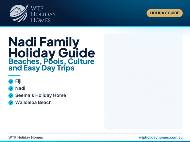 Nadi family holiday guide featuring Wailoaloa Beach, tropical activities, a swimming pool and family day-trip cues in Fiji.