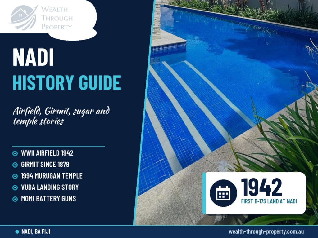 WTP cover for a Nadi history guide: WWII airfield, Girmit, sugar and Sri Siva Subramaniya Temple stories