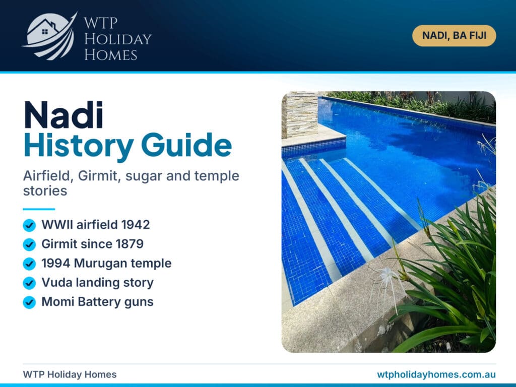 WTP cover for a Nadi history guide: WWII airfield, Girmit, sugar and Sri Siva Subramaniya Temple stories