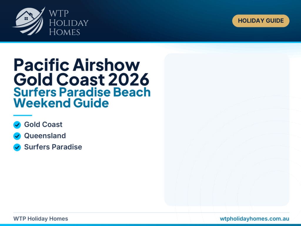 Pacific Airshow Gold Coast holiday guide image showing aircraft over Surfers Paradise Beach and the Gold Coast skyline.