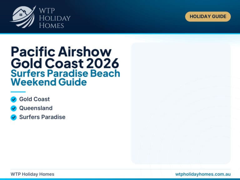 Pacific Airshow Gold Coast holiday guide image showing aircraft over Surfers Paradise Beach and the Gold Coast skyline.