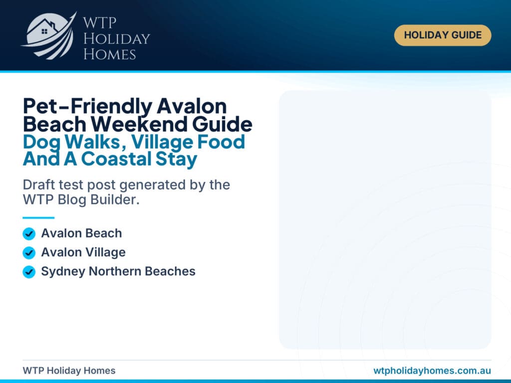 Featured image for a pet-friendly Avalon Beach weekend guide, showing a relaxed Northern Beaches coastal stay with dog-friendly beach, village and ocean pool cues.