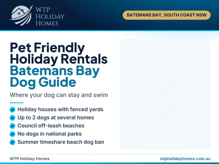 Pet friendly holiday rentals in Batemans Bay guide cover with dog beach rules and fenced yard holiday houses