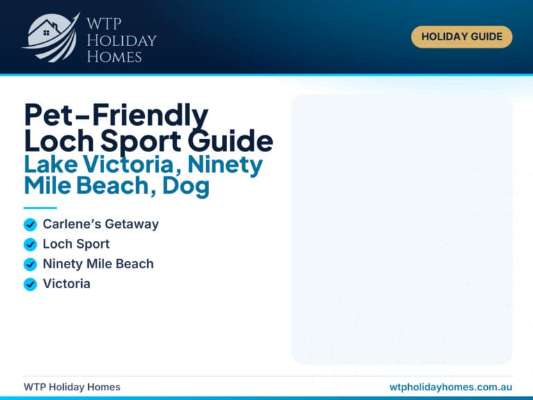 Featured image for a pet-friendly Loch Sport guide showing Lake Victoria, Ninety Mile Beach, a leashed dog, local beach walks and Carlene’s Getaway.