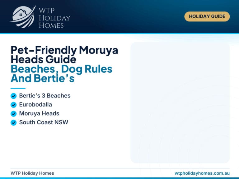Featured image for a pet-friendly Moruya Heads guide, showing a dog-friendly coastal stay near Shelly Beach, local beach walks and Bertie’s as the featured holiday home.