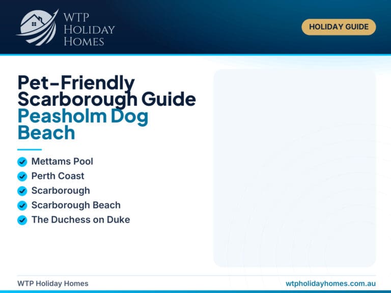 Featured image for a pet-friendly Scarborough guide showing a dog-friendly beach, Perth coastal walking paths, local park cues and a relaxed townhouse stay.