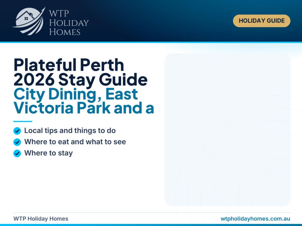 Perth winter food guide image showing city dining, warm shared meals and an East Victoria Park cottage base for Plateful Perth 2026.