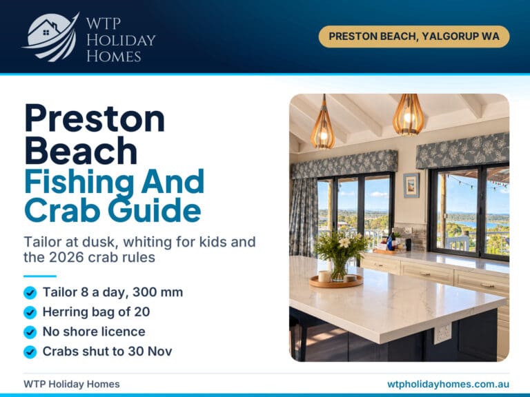 Preston Beach fishing guide cover with the beach access sign and highlights on tailor, herring, crab season and licences