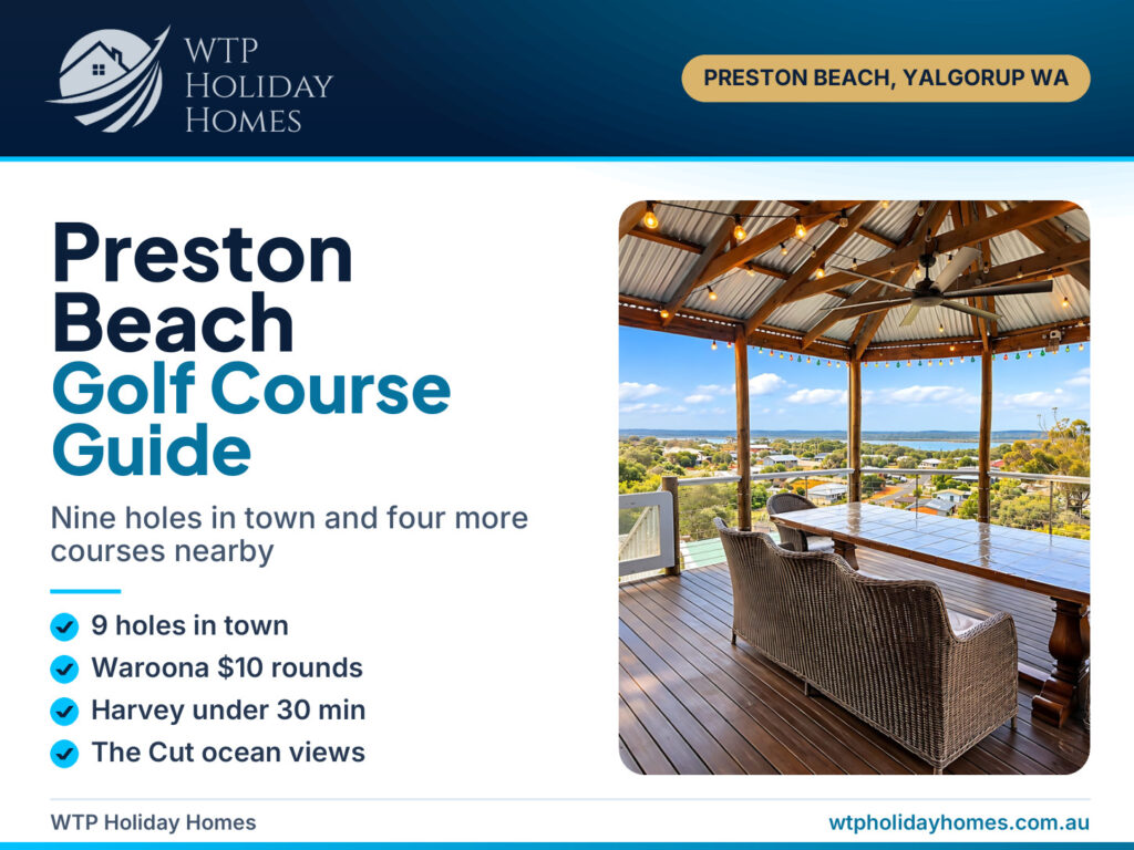 Preston Beach golf course guide cover with the covered deck at Gracie & Dan's Coastal Retreat looking over Preston Beach to Lake Preston, WA