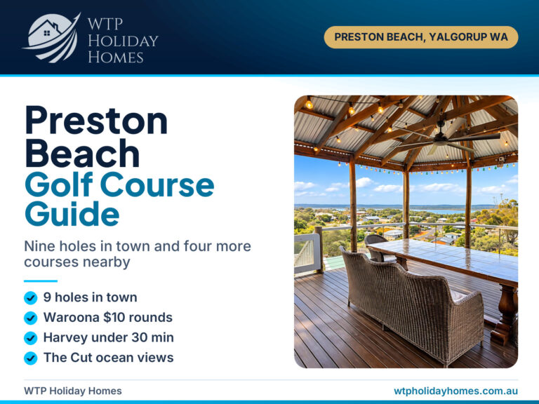 Preston Beach golf course guide cover with the covered deck at Gracie & Dan's Coastal Retreat looking over Preston Beach to Lake Preston, WA