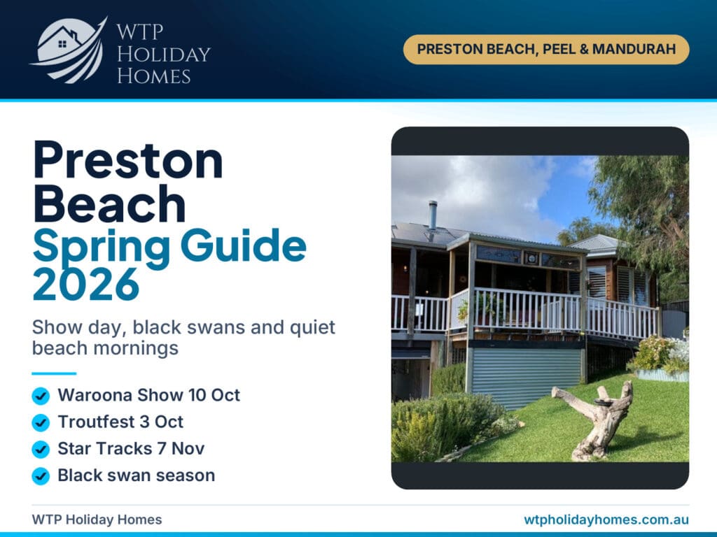 Preston Beach spring guide cover with sunrise over Lake Preston, Waroona Show and Star Tracks dates for 2026