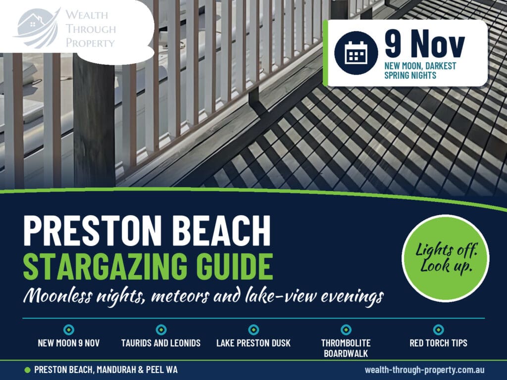 Preston Beach stargazing guide cover with the covered veranda at Gracie & Dan's Coastal Retreat looking over Lake Preston