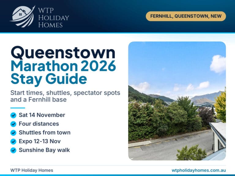 Queenstown Marathon 2026 stay guide cover with lake and mountain views from the Fernhill balcony at Sarah's Scenic Stay