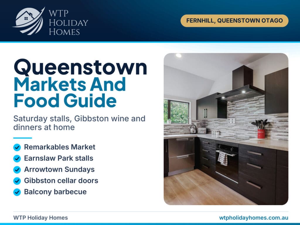 Queenstown markets and food guide cover with a Fernhill kitchen and dining area at Sarahs Scenic Stay