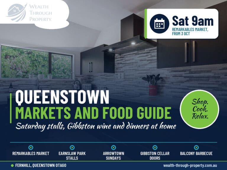 Queenstown markets and food guide cover with a Fernhill kitchen and dining area at Sarahs Scenic Stay