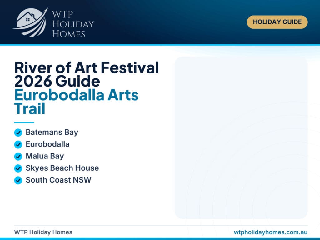 River of Art Festival 2026 Eurobodalla guide showing South Coast art, creative studios, coastal scenery and a Malua Bay getaway.