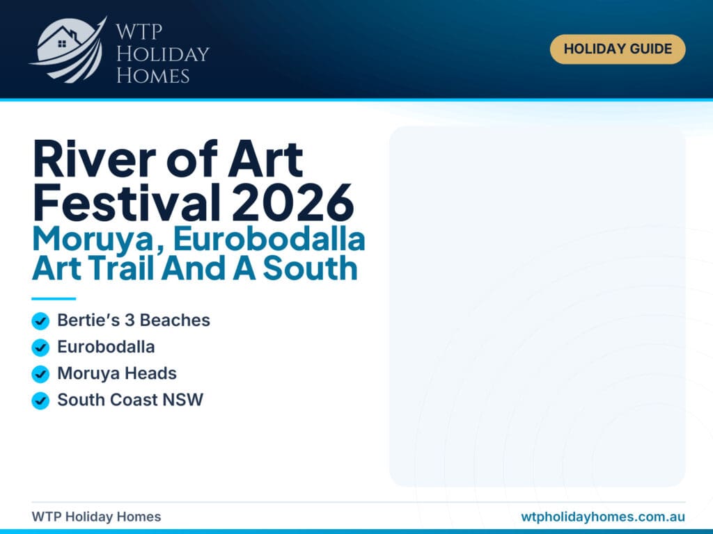 River of Art Festival 2026 Moruya holiday guide featuring South Coast art, coastal scenery and a Moruya Heads stay near Shelly Beach.