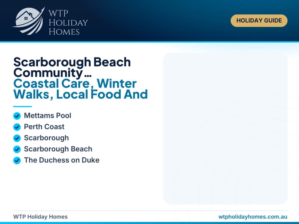 Featured image for a Scarborough Beach community conservation event guide showing coastal dunes, beach planting, winter walks, local food and The Duchess on Duke.