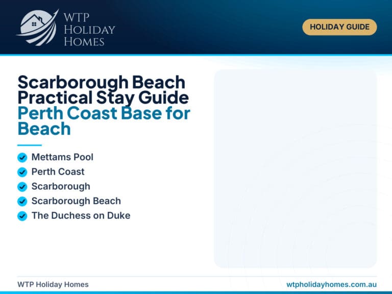 Featured image for a Scarborough Beach practical stay guide, showing Perth coast sunset, foreshore, food, shops and a comfortable coastal base.