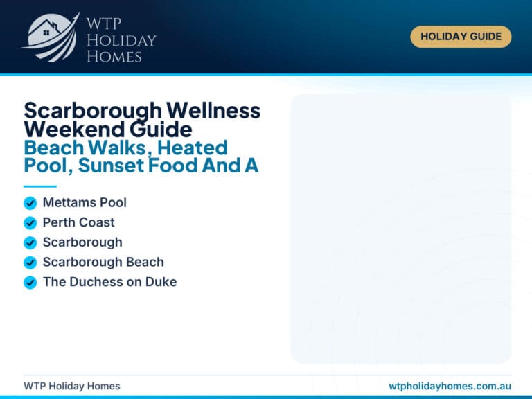 Featured image for a Scarborough wellness weekend guide, showing beach walks, heated pool time, sunset food and a relaxing Perth coast spa-and-sauna stay.