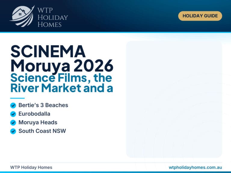 SCINEMA Moruya science film festival weekend guide featuring Moruya Heads coastal scenery and subtle cinema and science imagery.