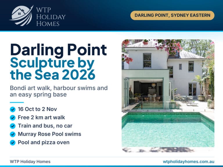 Sculpture by the Sea Bondi 2026 cover: Darling Point art walk stay guide over a harbour view of The Darling Private Oasis
