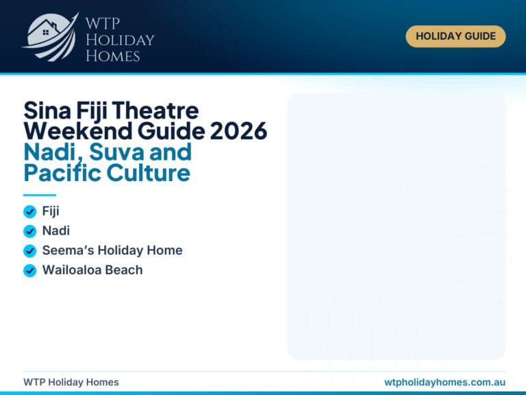 Sina Fiji theatre weekend guide showing Pacific dance, music and storytelling with Nadi, Suva and Wailoaloa travel elements.