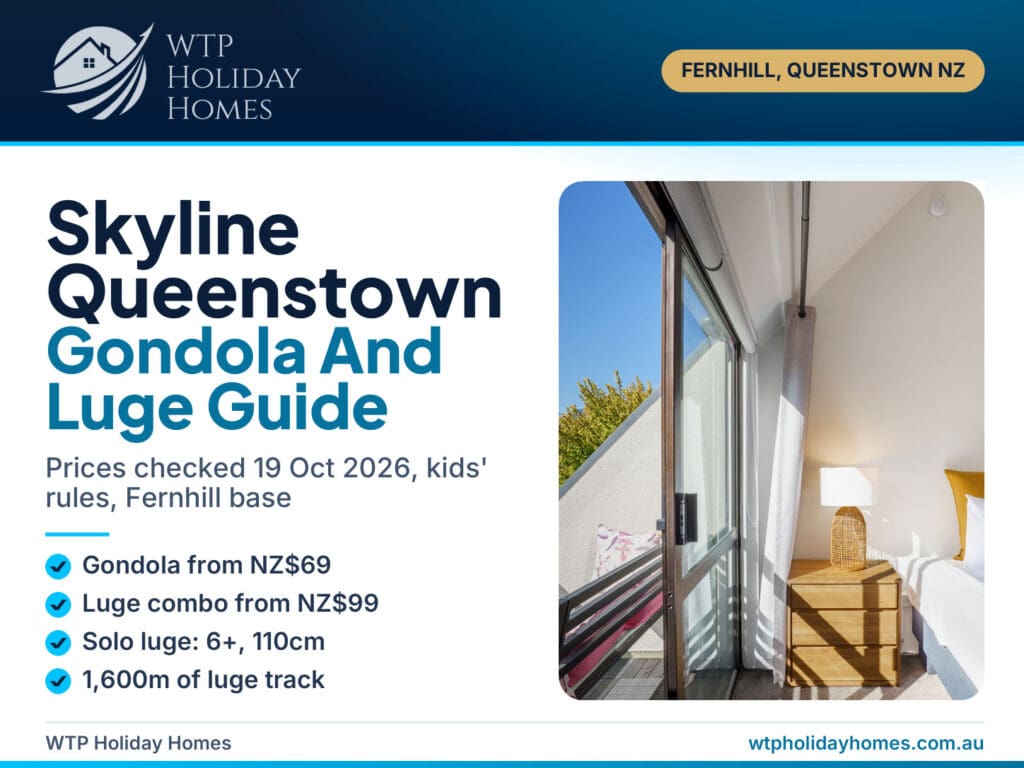 Skyline Queenstown gondola and luge guide cover with Sarahs Scenic Stay's upstairs bedroom and Fernhill mountain outlook