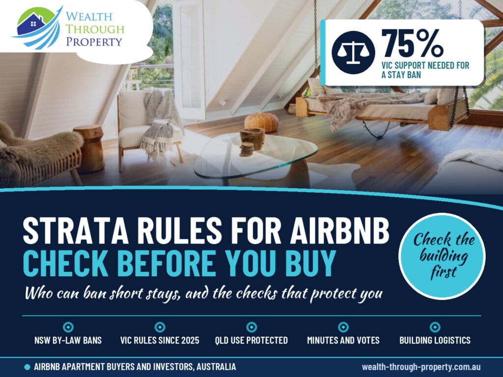 WTP cover: Strata Rules for Airbnb, checks before buying an apartment, over a high-rise living room with ocean and city views