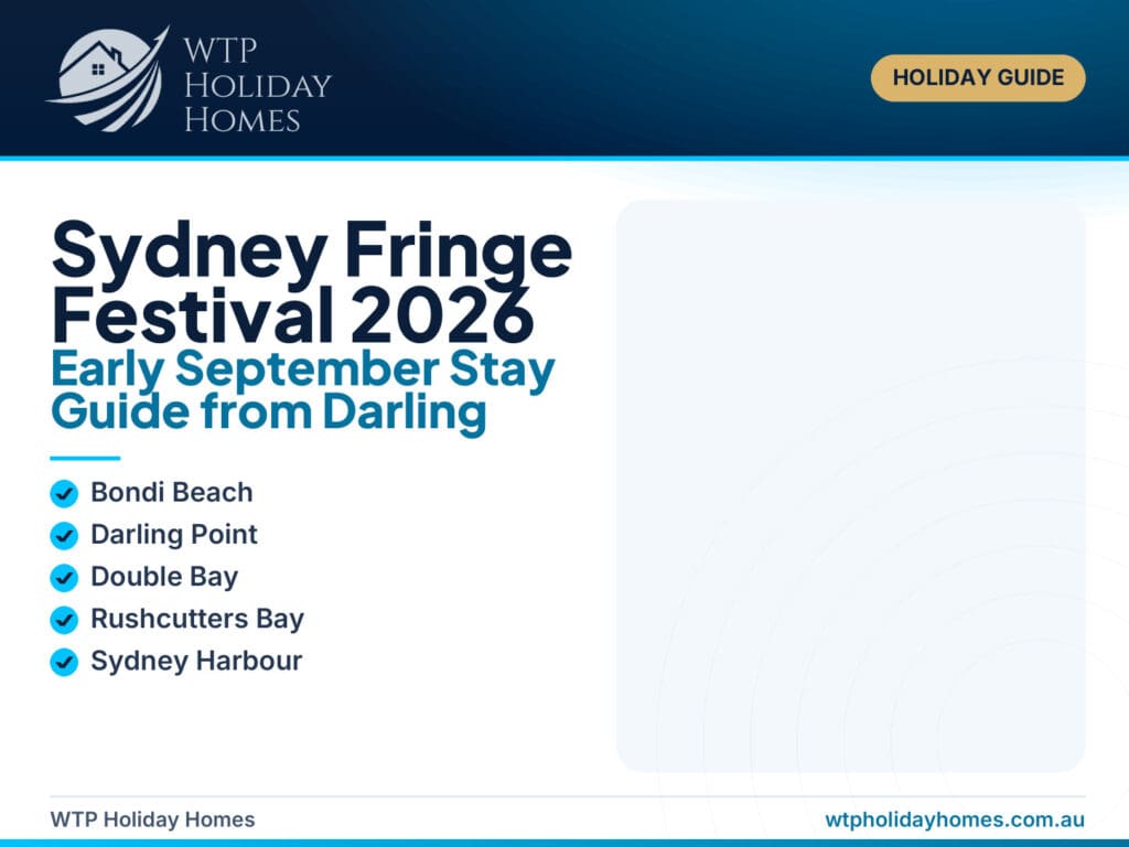 Sydney Fringe Festival stay guide featuring Sydney Harbour, early-spring event lighting and a private Darling Point retreat.
