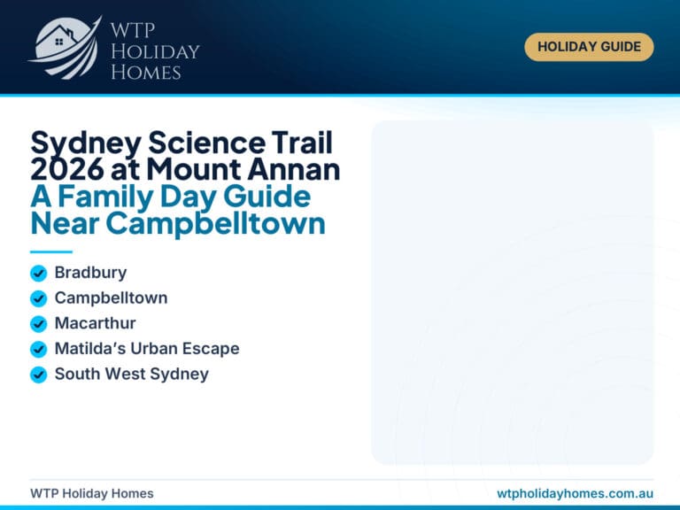 Sydney Science Trail family day at the Australian Botanic Garden Mount Annan, with native gardens, plant science activities and Bradbury accommodation cues.