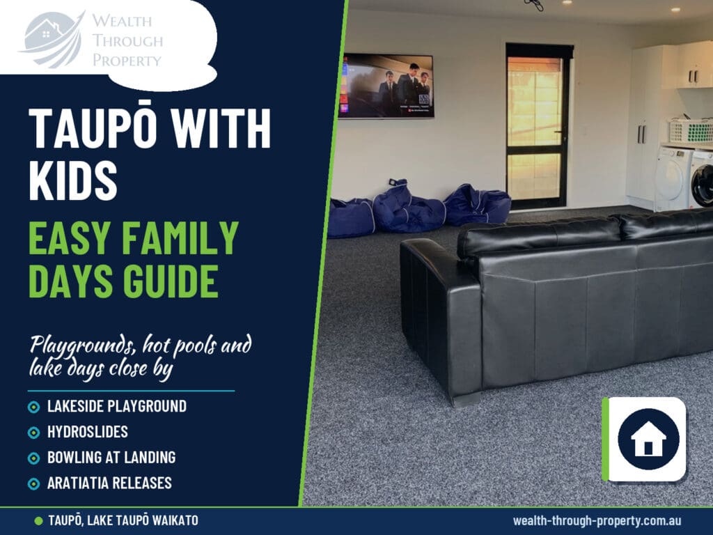 Taupō with kids guide cover showing the second living room with games and toys at Lakeside Estate in Taupō
