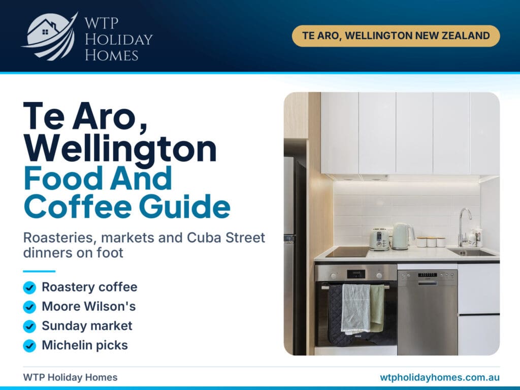 Cover for a Te Aro food and coffee guide showing the fully equipped kitchen at City Tree Hutt A and B in Wellington
