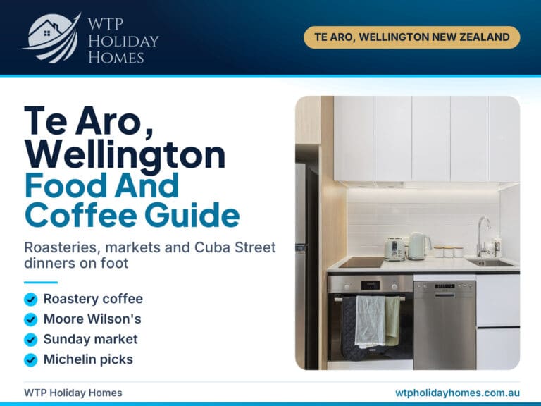 Cover for a Te Aro food and coffee guide showing the fully equipped kitchen at City Tree Hutt A and B in Wellington