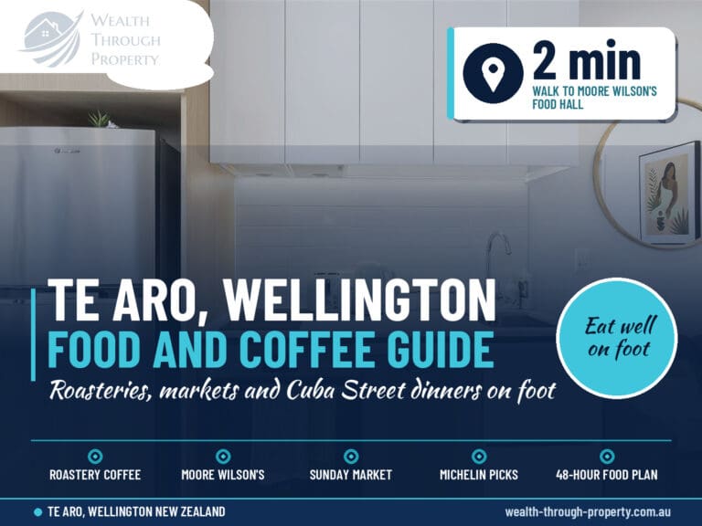 Cover for a Te Aro food and coffee guide showing the fully equipped kitchen at City Tree Hutt A and B in Wellington