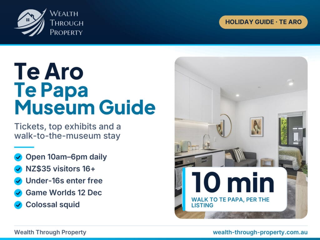 Te Aro Te Papa Museum Guide cover with NZ international ticket, 10am–6pm hours and a walkway at City Tree Hutt B