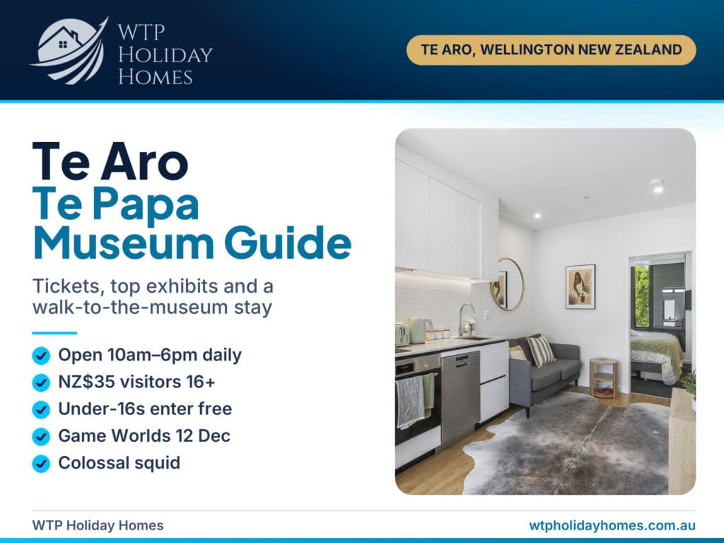 Te Aro Te Papa Museum Guide cover with NZ$35 international ticket, 10am–6pm hours and a walkway at City Tree Hutt B
