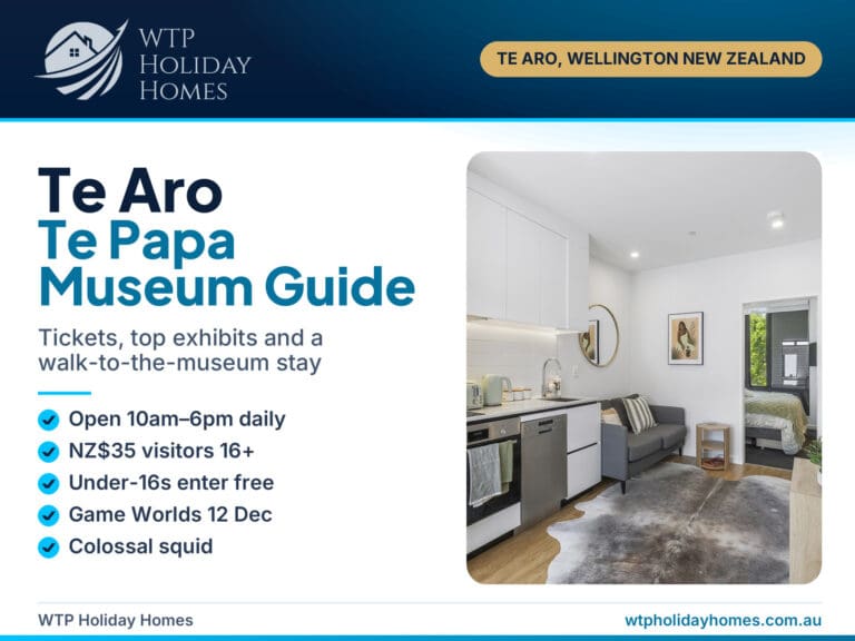 Te Aro Te Papa Museum Guide cover with NZ$35 international ticket, 10am–6pm hours and a walkway at City Tree Hutt B