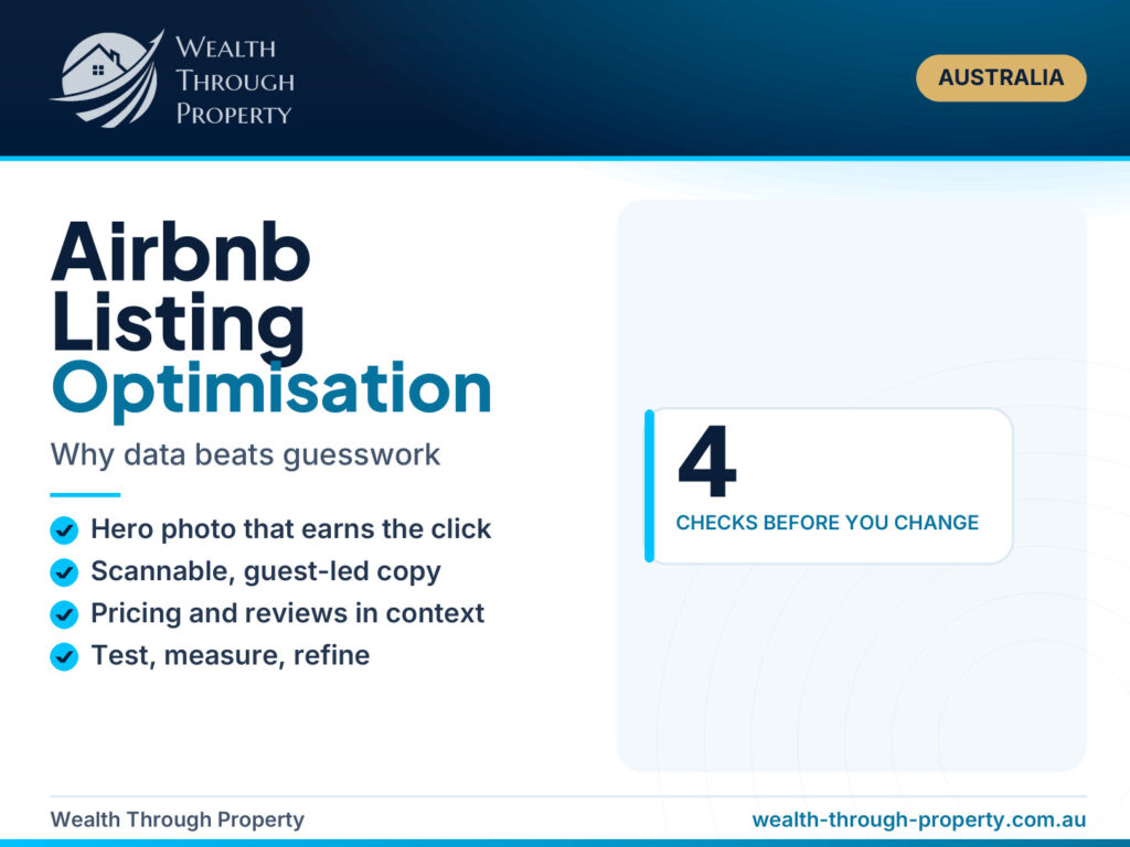 Airbnb listing optimisation cover showing hero photo, guest-led copy, pricing and reviews checks