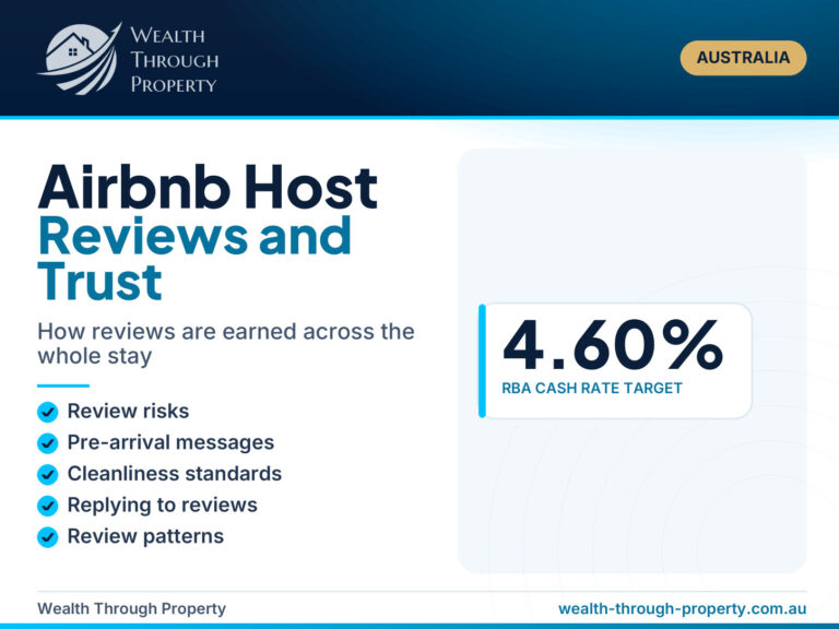 Airbnb host reviews and guest trust guide cover with the Wealth Through Property logo