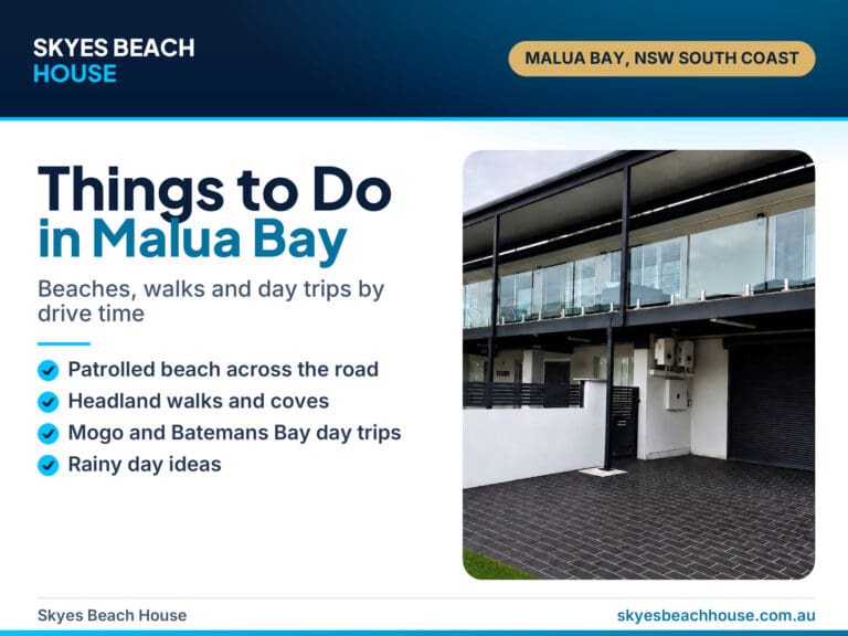 View of Malua Bay beach from the front of Skyes Beach House, on the cover of a things to do guide