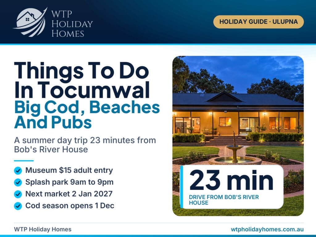 Things To Do In Tocumwal cover: Big Cod, Beaches And Pubs, a day trip 23 minutes from Bob's River House, Ulupna